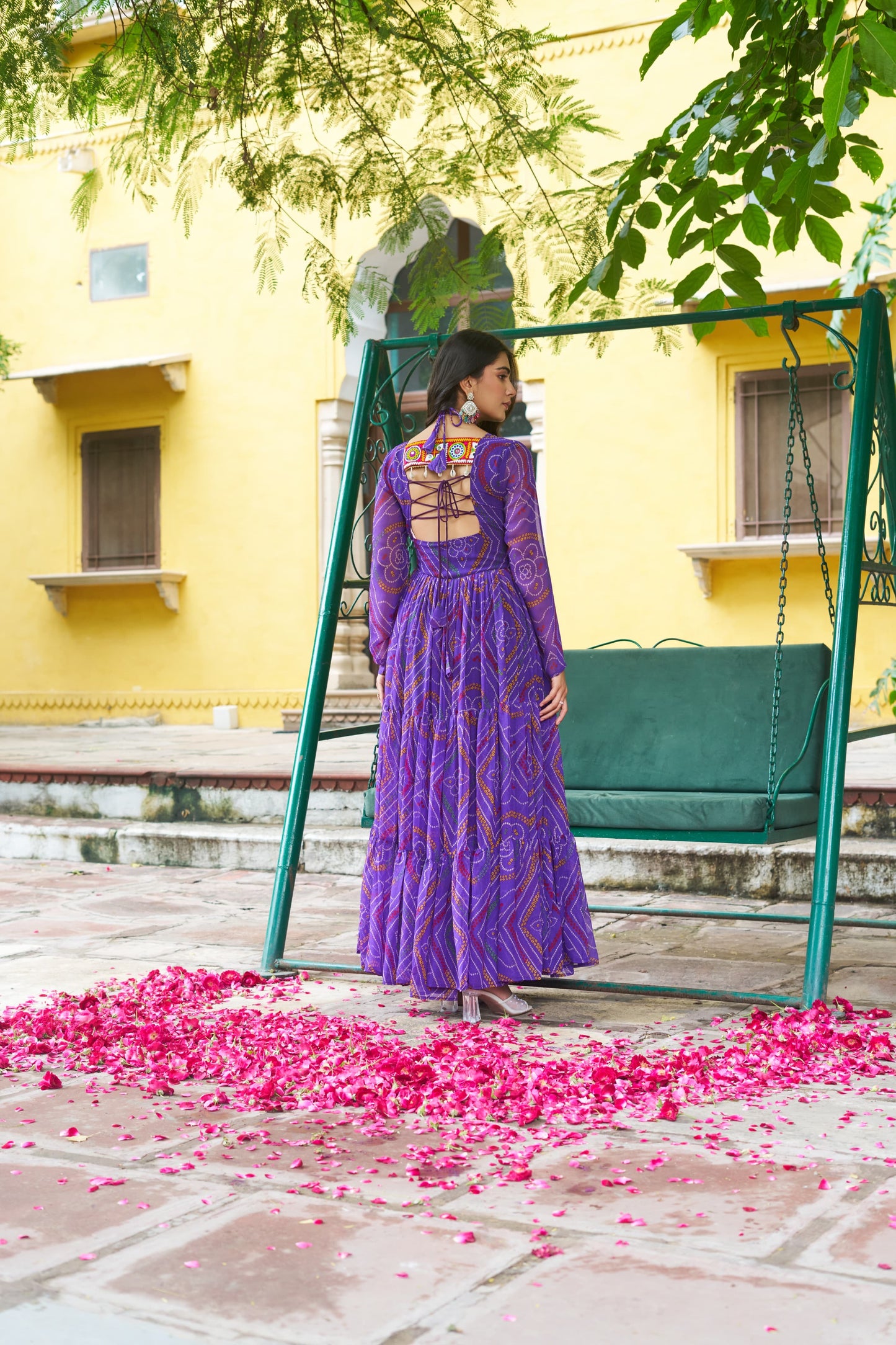 Navratri Bandhani Print Gown with Kutchi Patchwork - SuratHausBerlin