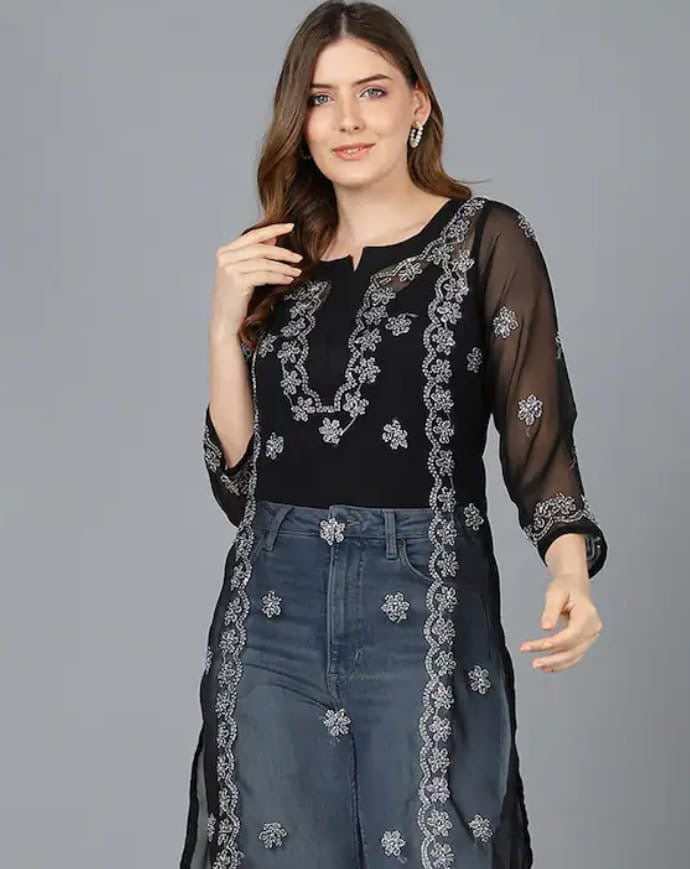 Georgette Black Lucknowi Chikankari Kurti - SuratHausBerlin