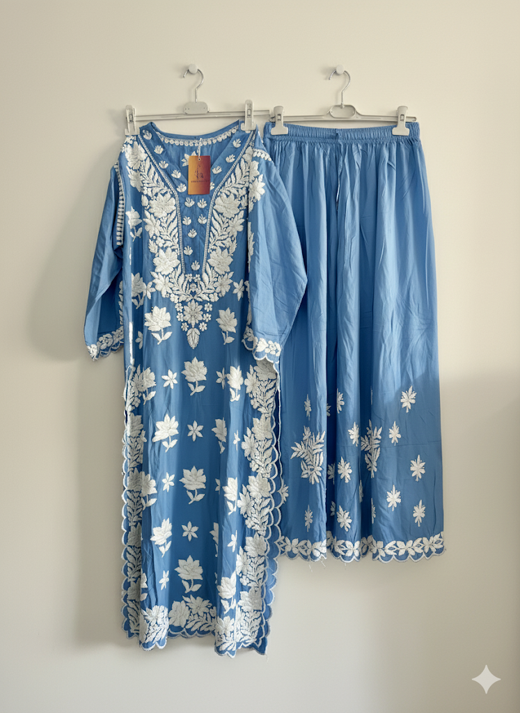 Powder Blue heavy Navsari Modal Lucknowi Chikankari set - SuratHausBerlin