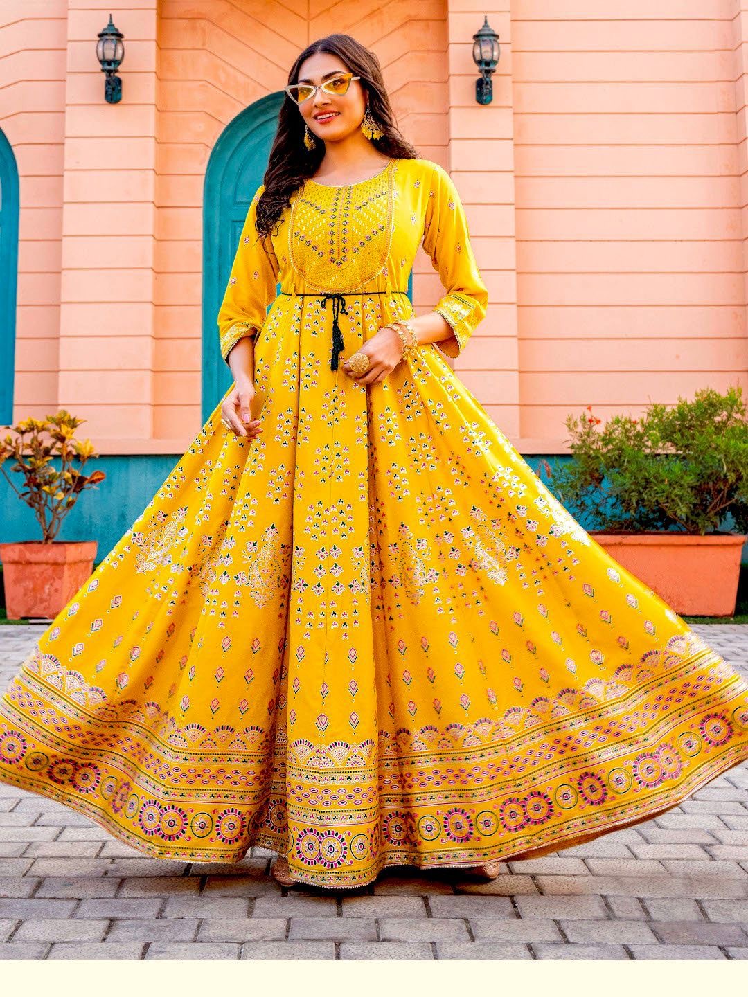 Mustard Long Anarkali Gown with Embroidery - SuratHausBerlin
