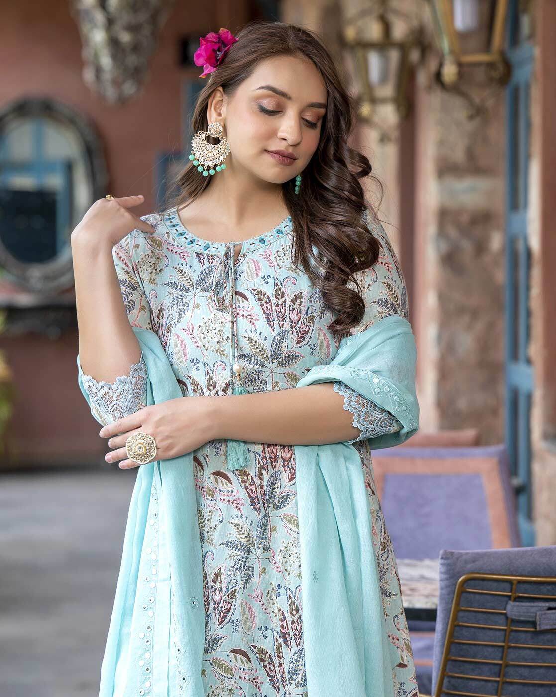 Leaf Print Anarkali Kurta Set with Dupatta - SuratHausBerlin