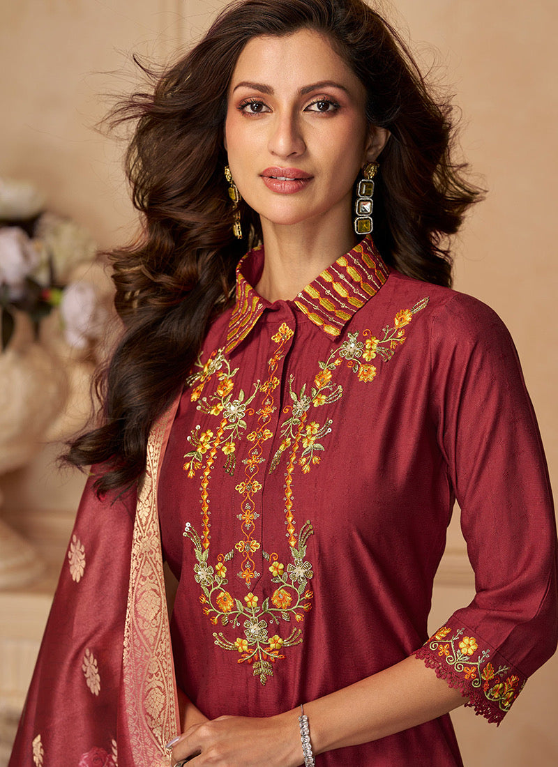 Party Wear Maroon Viscose Suit - Thread Embroidery Work - SuratHausBerlin