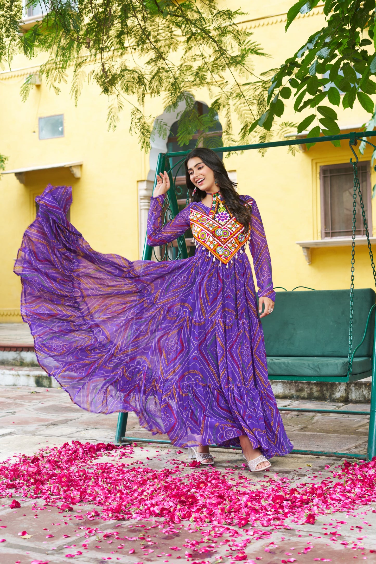 Navratri Bandhani Print Gown with Kutchi Patchwork - SuratHausBerlin