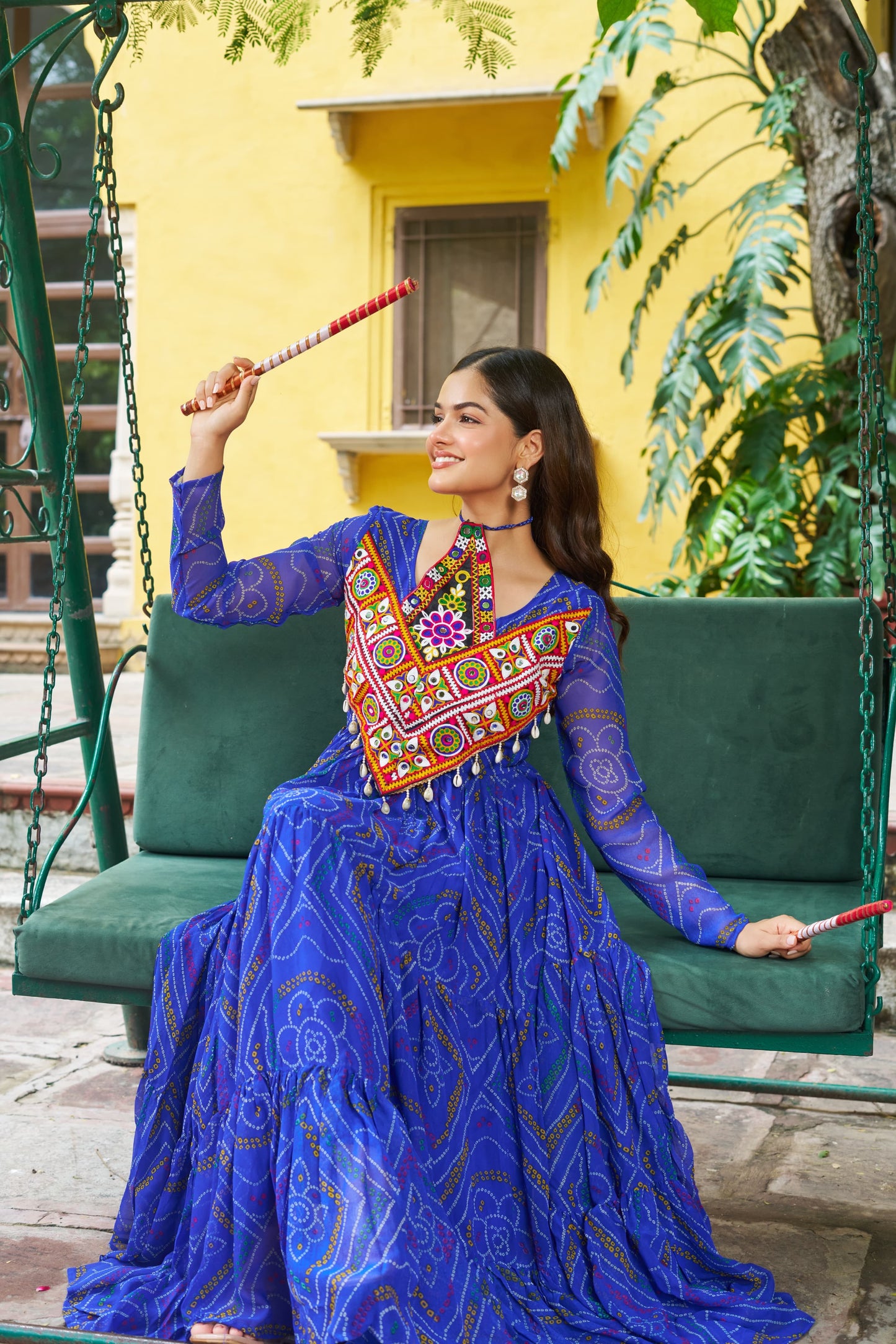 Navratri Bandhani Print Gown with Kutchi Patchwork - SuratHausBerlin