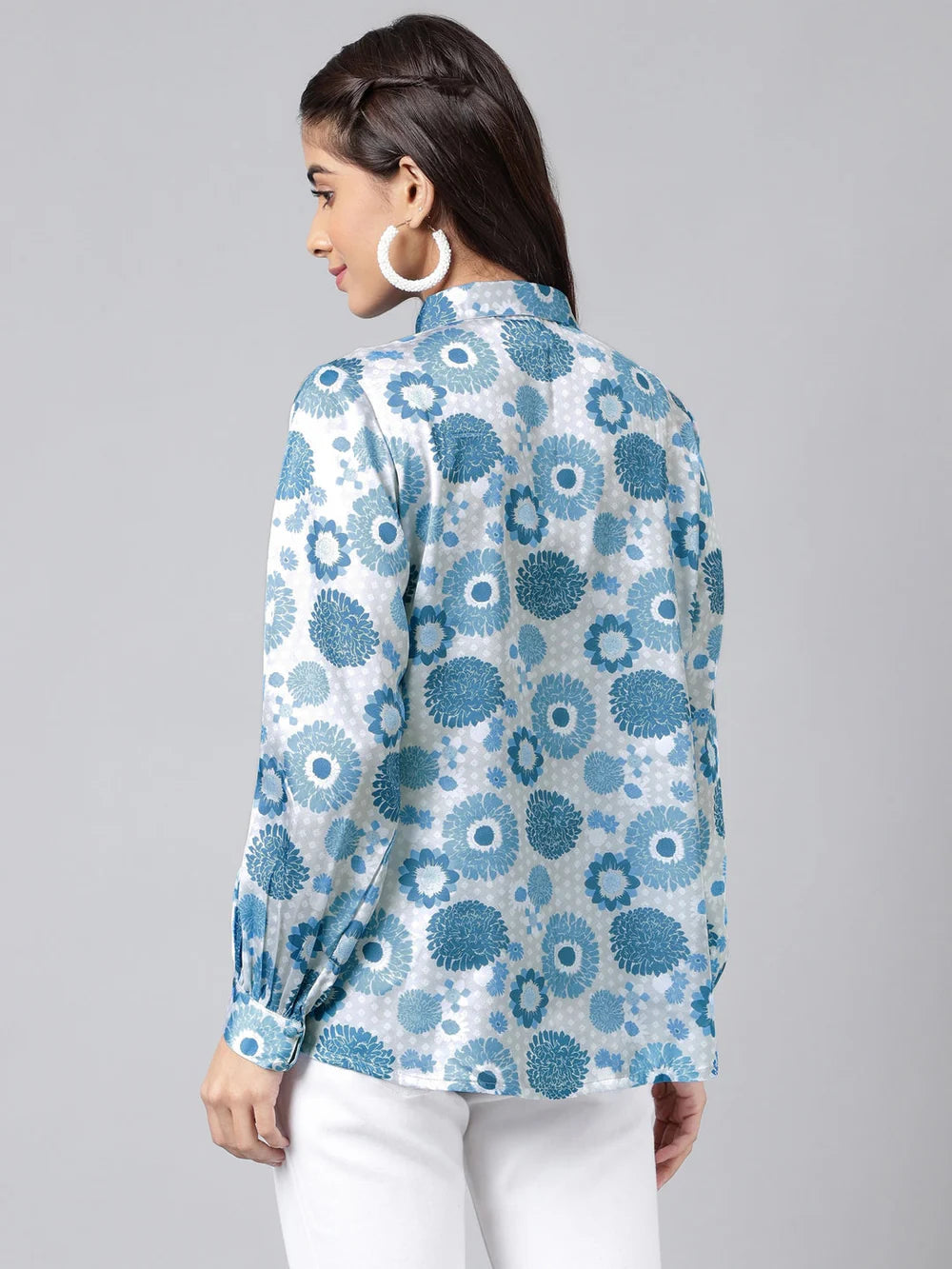 Blue Satin Digital Floral Printed Shirt Style Top - SuratHausBerlin