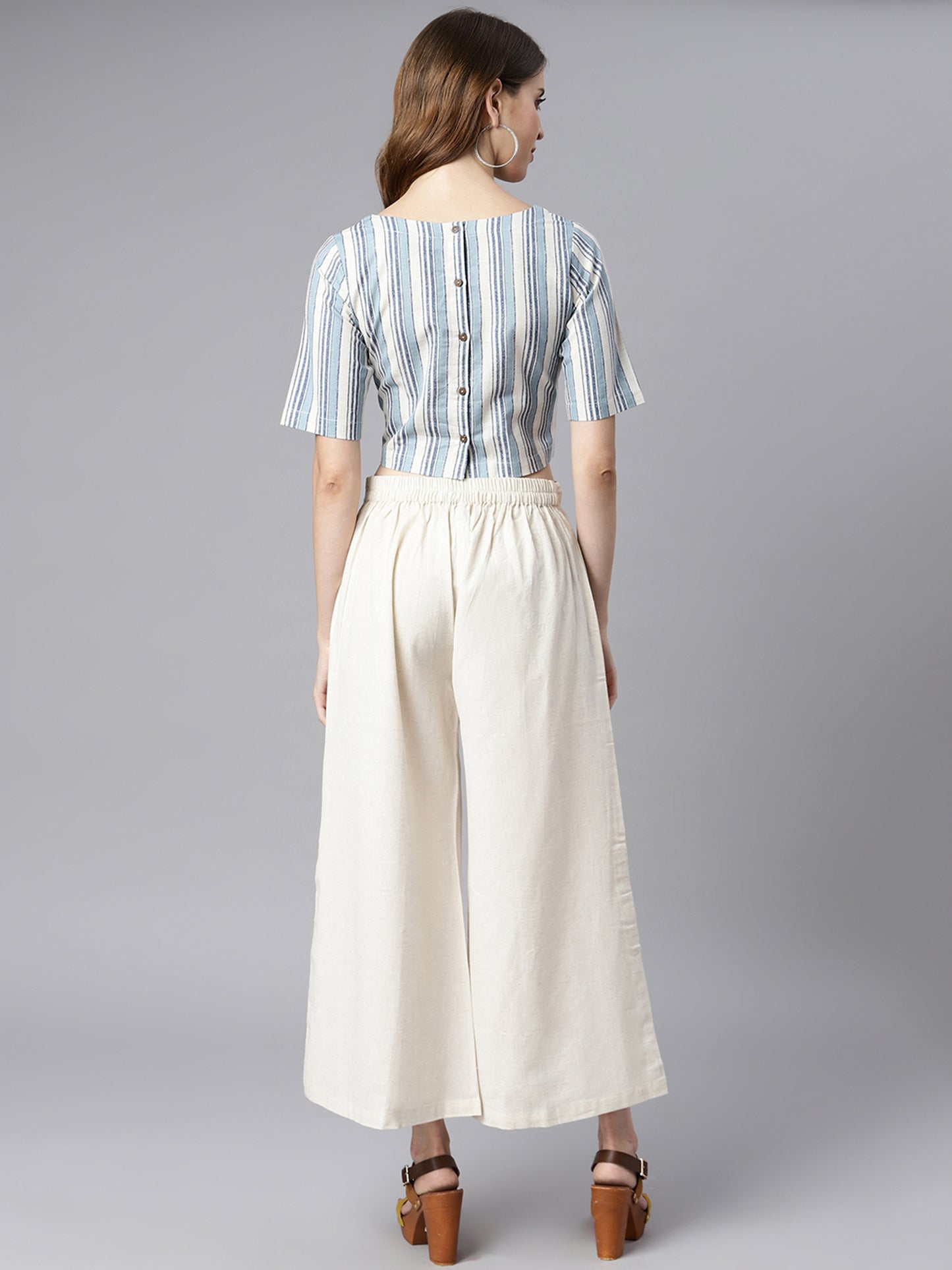 Flex Cotton Blue Crop top with cream Palazzo - SuratHausBerlin