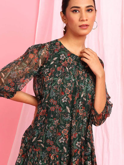 Green Georgette Floral Flared Western Dress - SuratHausBerlin 