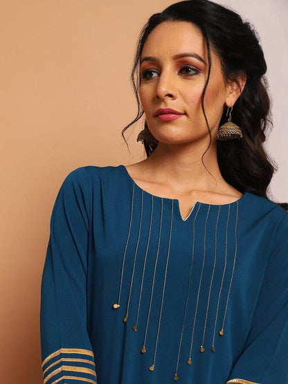 Teal Poly Crepe Embellished Kurta set - SuratHausBerlin 