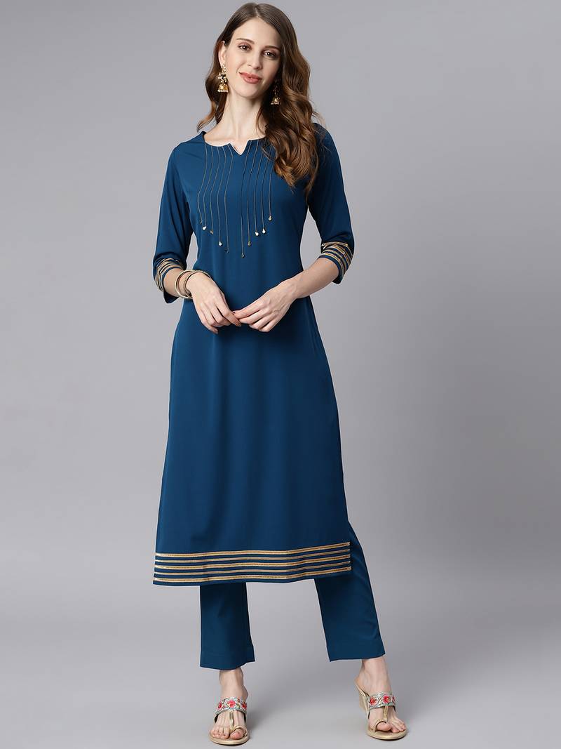 Teal Poly Crepe Embellished Kurta set - SuratHausBerlin 