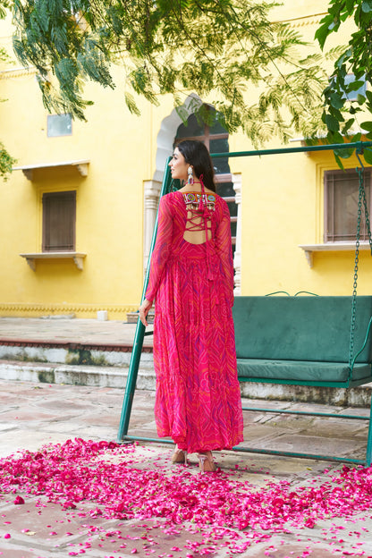 Navratri Bandhani Print Gown with Kutchi Patchwork - SuratHausBerlin 