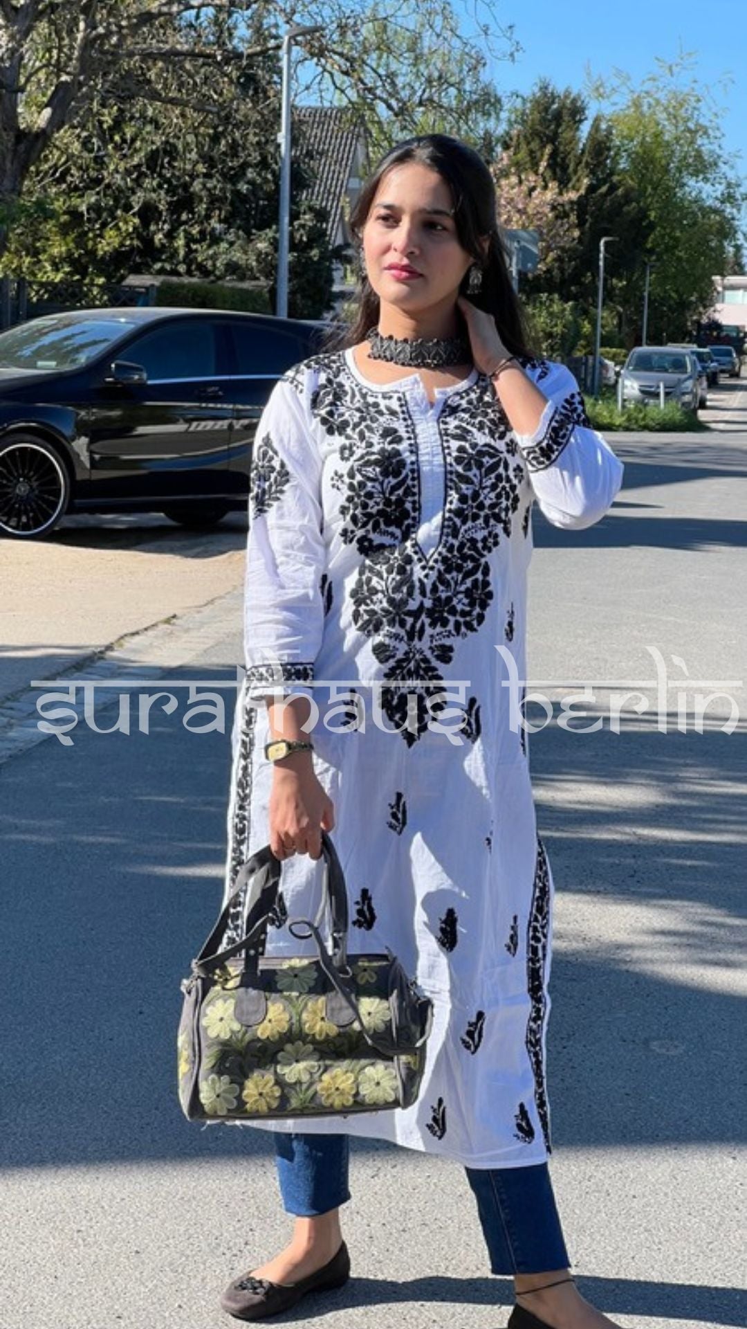 Lucknowi Black & White kurti in 100% cotton - SuratHausBerlin 