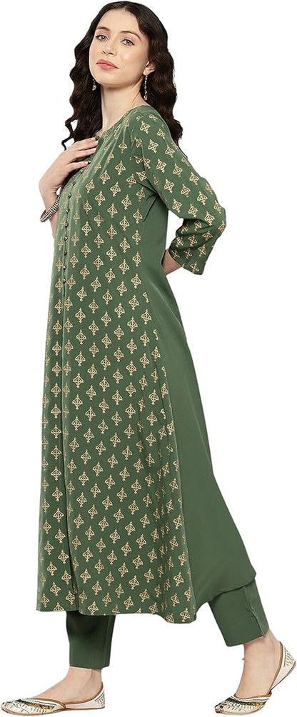 Green Crepe Foil Printed Kurta set - SuratHausBerlin 