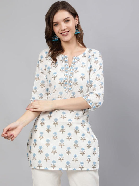 Cotton short kurta white floral print