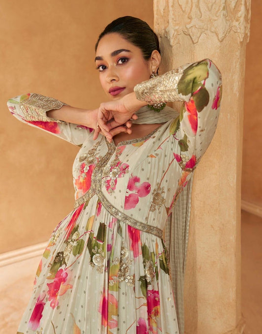 Floral Sand Festive Gown Set - Designer Collection