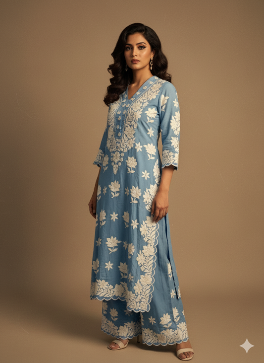 Powder Blue heavy Navsari Modal Lucknowi Chikankari set - SuratHausBerlin 