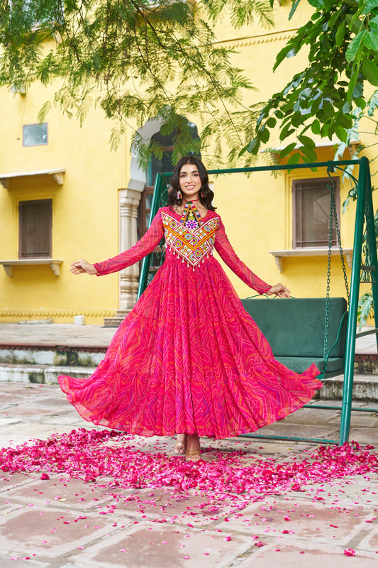 Navratri Bandhani Print Gown with Kutchi Patchwork - SuratHausBerlin 