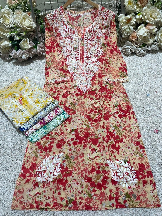 Floral Print Mul Mul lucknowi kurta