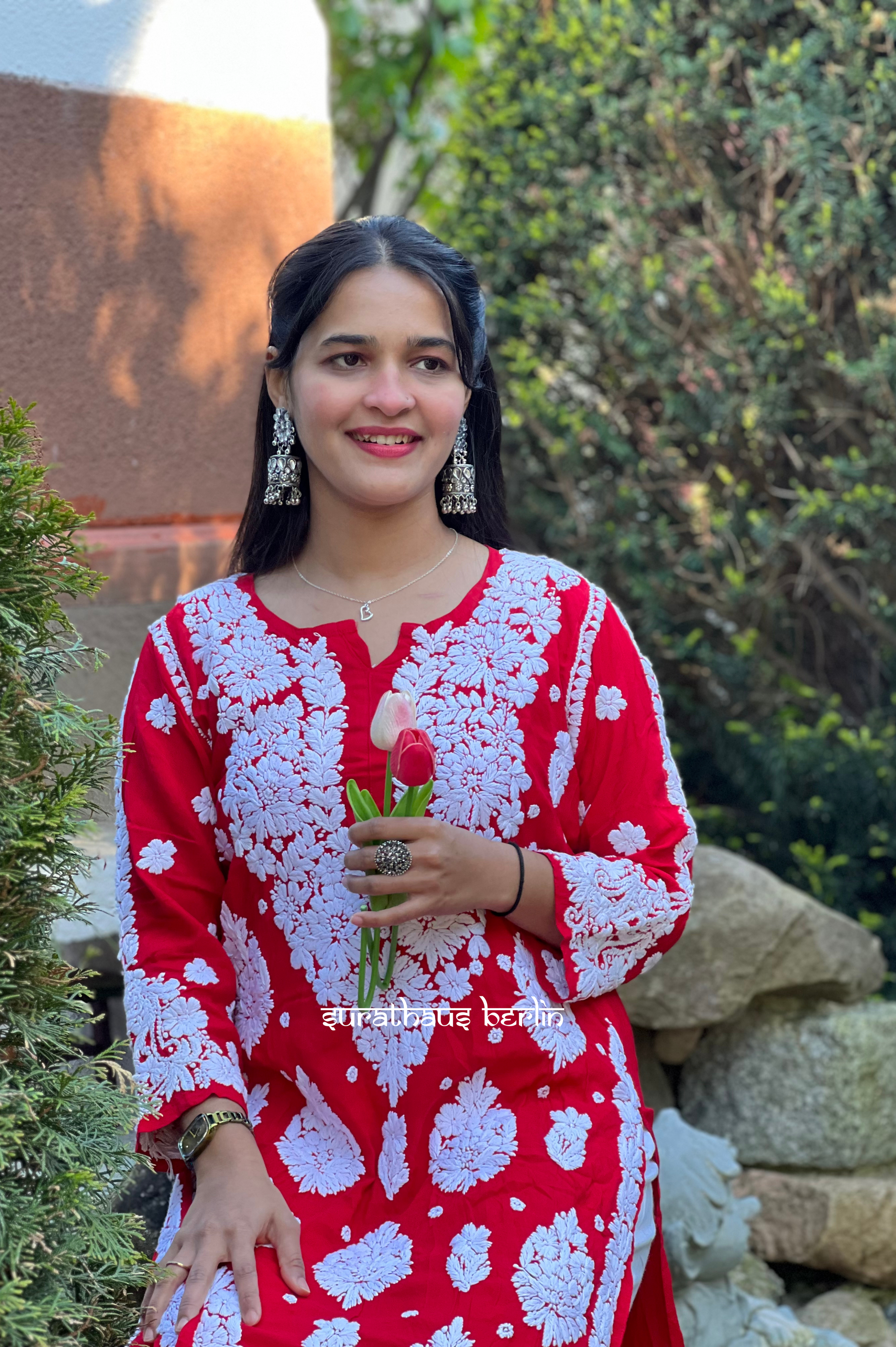 Lucknowi Modal Kurti- Red Blossom - SuratHausBerlin 