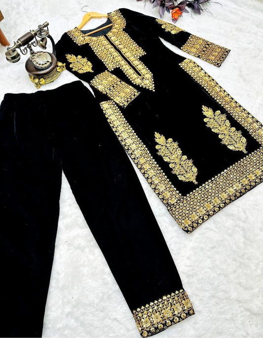 Black Salwar Suit in Velvet with Embroidery and Sequence Work