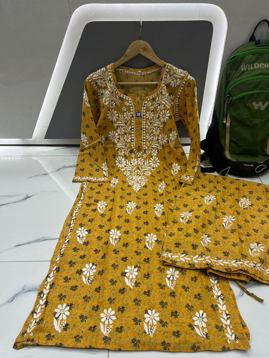Senfgelbes Lucknowi-Palazzo-Kurti-Set mit Blumenmuster