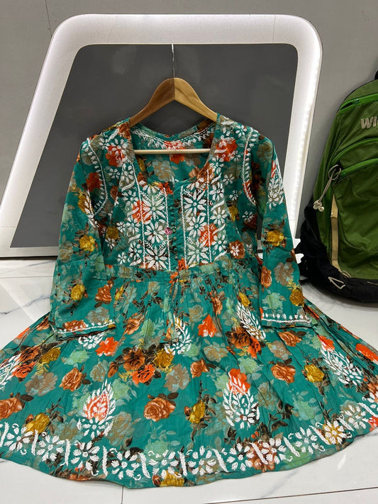 Floral Mal cotton Short Kurti -Lucknowi handmade