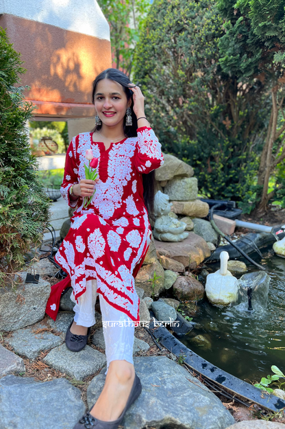 Lucknowi Modal Kurti- Red Blossom - SuratHausBerlin 