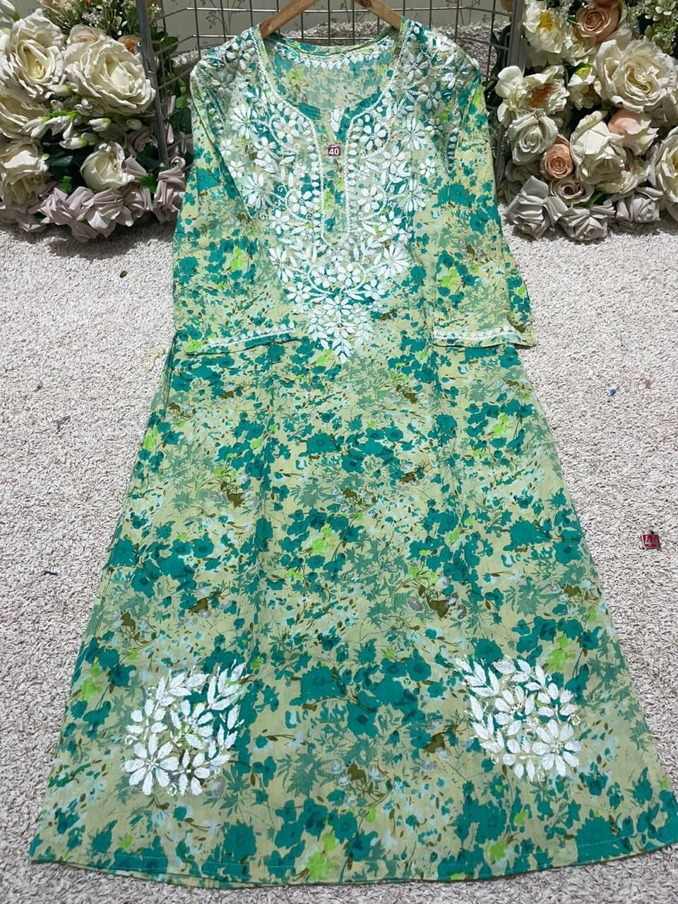 Floral Print Mul Mul lucknowi kurta