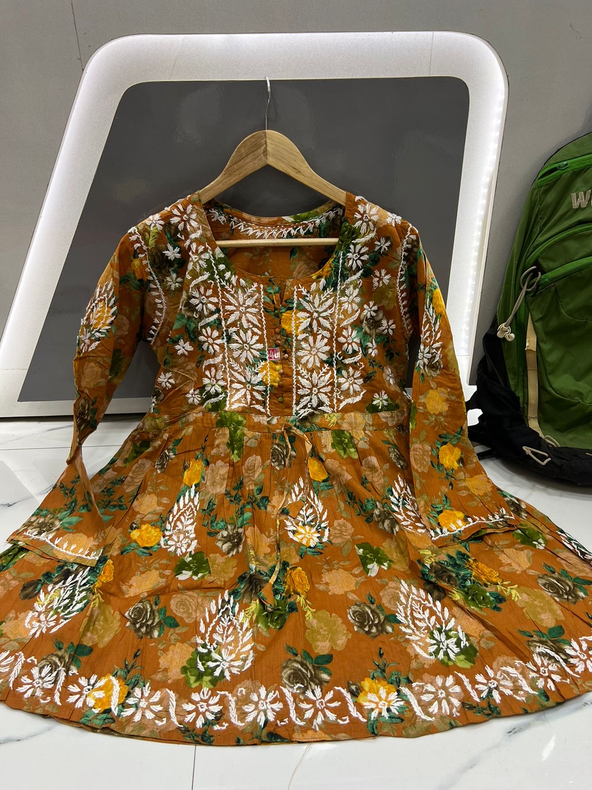 Floral Mal cotton Short Kurti -Lucknowi handmade