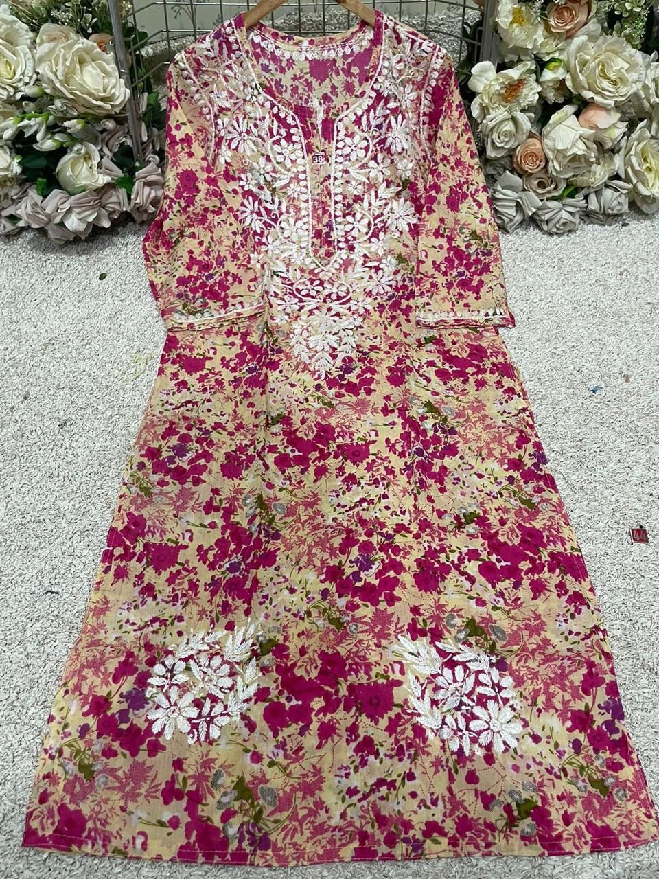 Floral Print Mul Mul lucknowi kurta