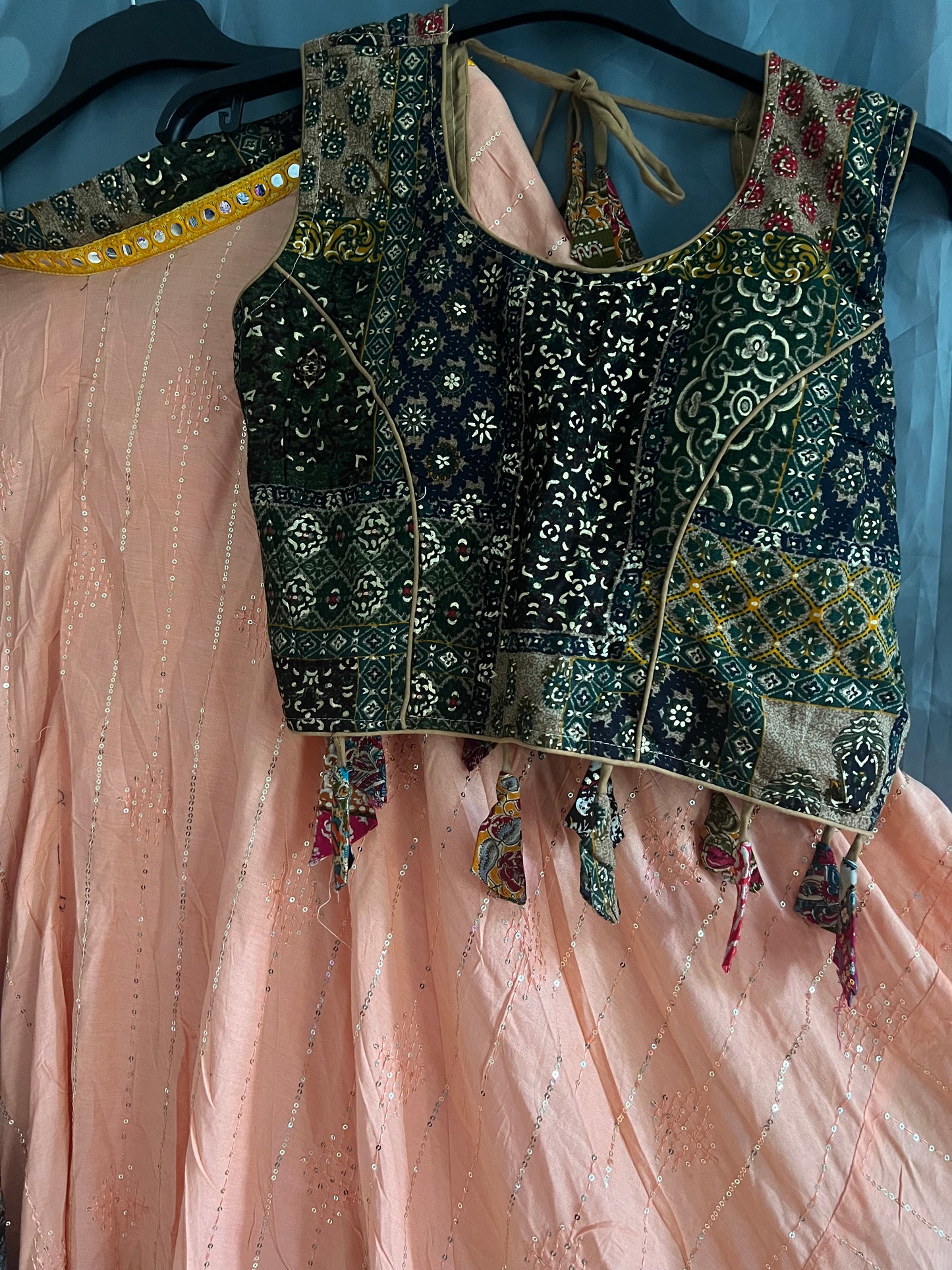 Peach Traditional Choli set -Dark green Black contrast print - SuratHausBerlin 