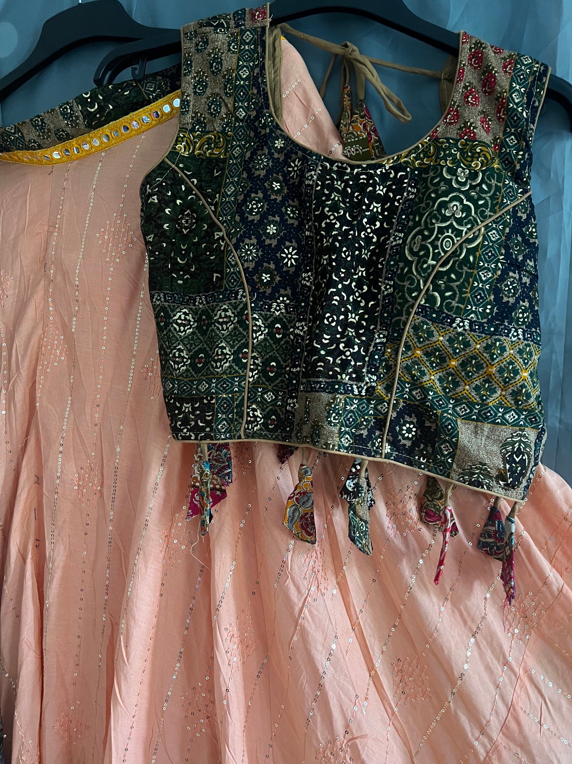 Peach Traditional Choli set -Dark green Black contrast print - SuratHausBerlin 
