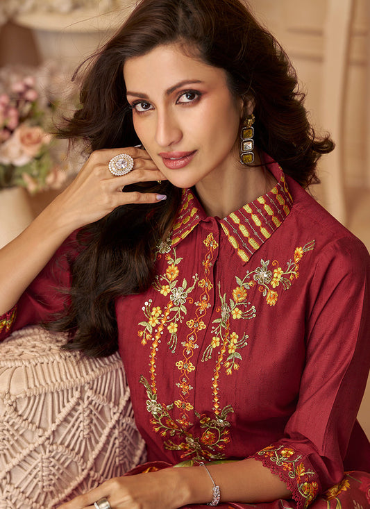 Party Wear Maroon Viscose Suit - Thread Embroidery Work - SuratHausBerlin 