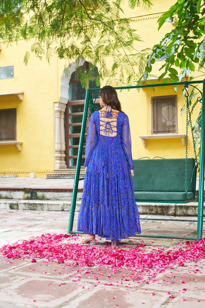 Navratri Bandhani Print Gown with Kutchi Patchwork - SuratHausBerlin 