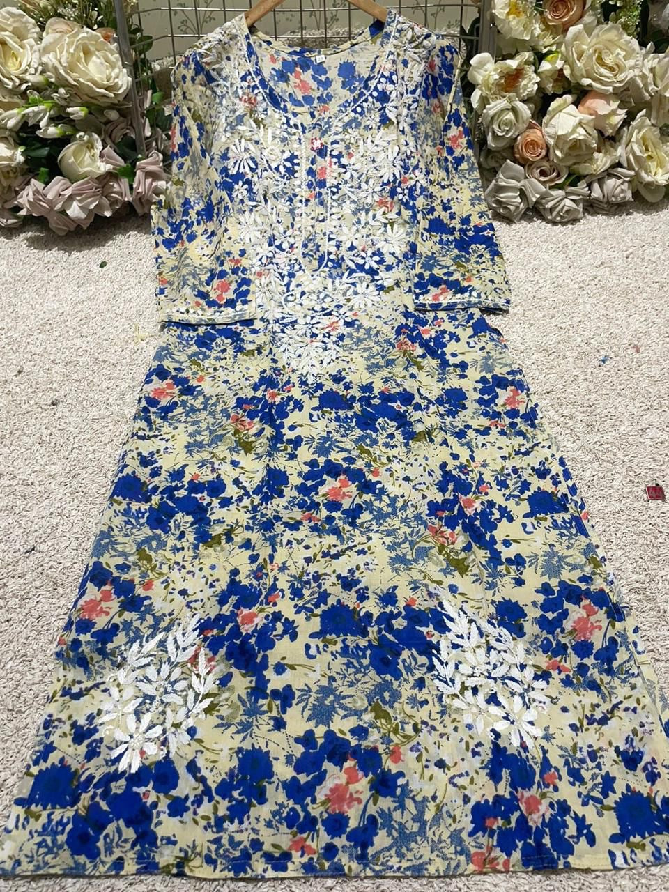 Floral Print Mul Mul lucknowi kurta
