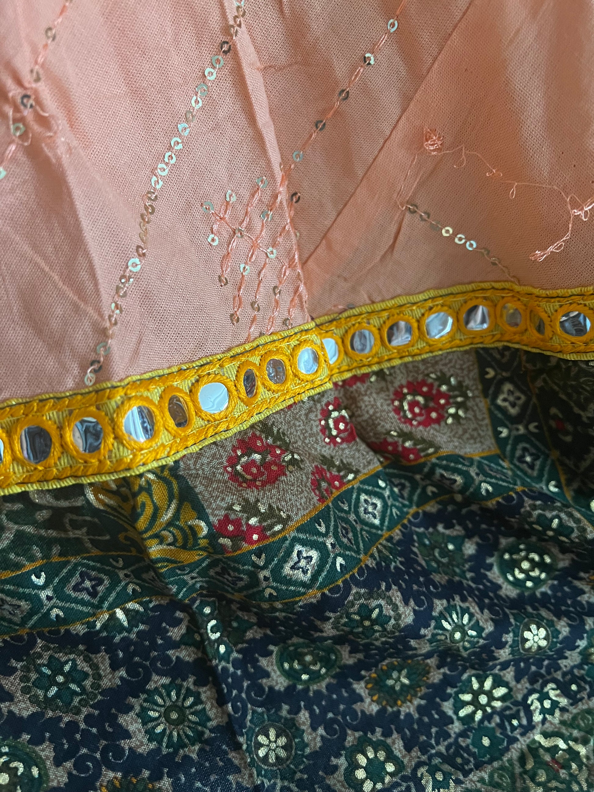 Peach Traditional Choli set -Dark green Black contrast print - SuratHausBerlin 