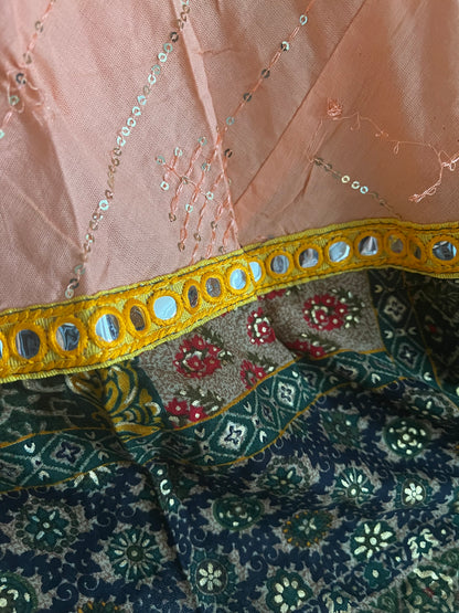 Peach Traditional Choli set -Dark green Black contrast print - SuratHausBerlin 