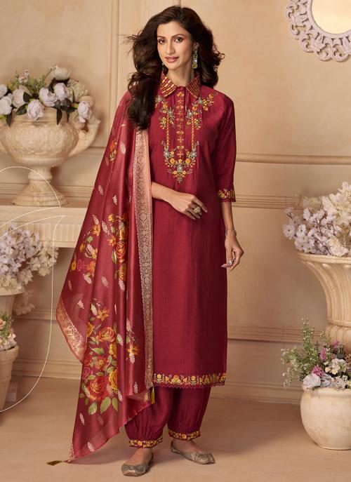 Party Wear Maroon Viscose Suit - Thread Embroidery Work - SuratHausBerlin 