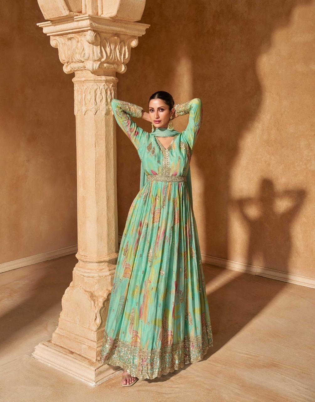 Aqua Mint Festive Gown Set - Designer Collection