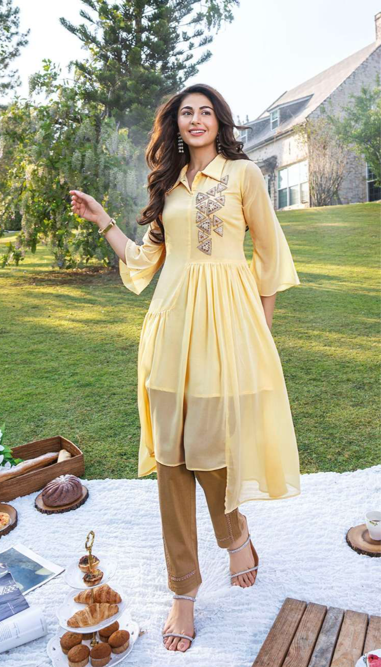 Designer stone handwork lime co-ord set with fancy pant - SuratHausBerlin 