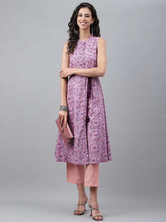 Lavender pure cotton floral print flared Dress
