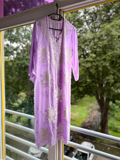 Lavender Floral Symphony: 
Hand-Embroidered Crepe Lucknowi Kurta