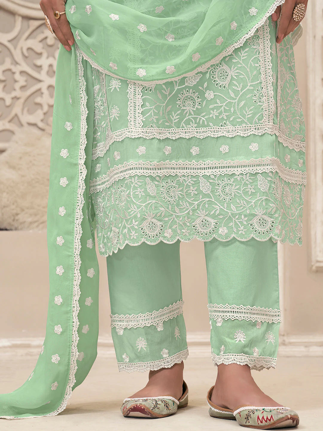 Mint Green with Schiffli Work  Organza Set with inner - SuratHausBerlin 