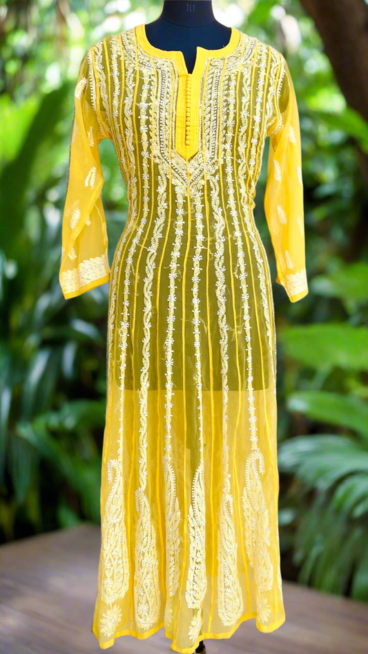Yellow Georgette Anarkali- chikankari hand work - SuratHausBerlin 