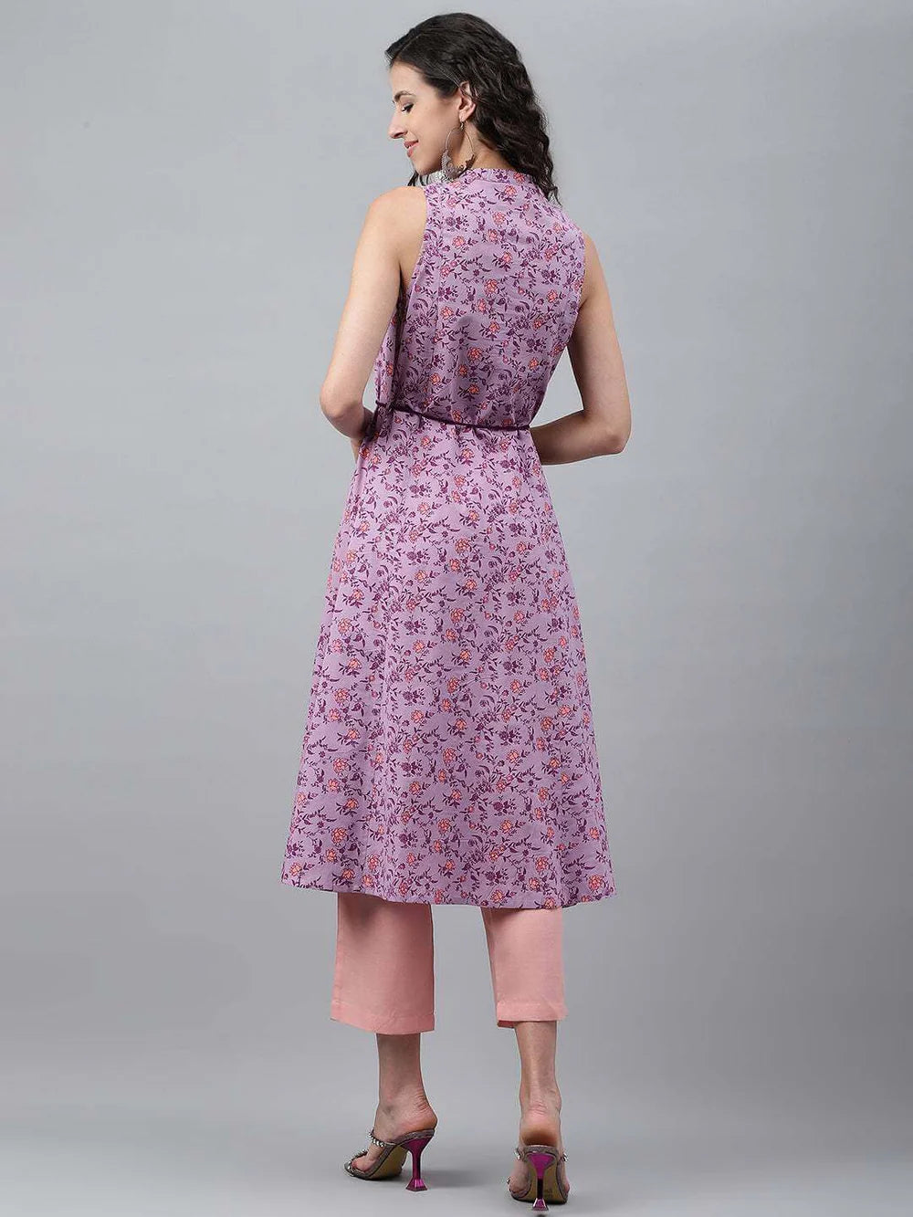 Lavender pure cotton floral print flared Dress - SuratHausBerlin 