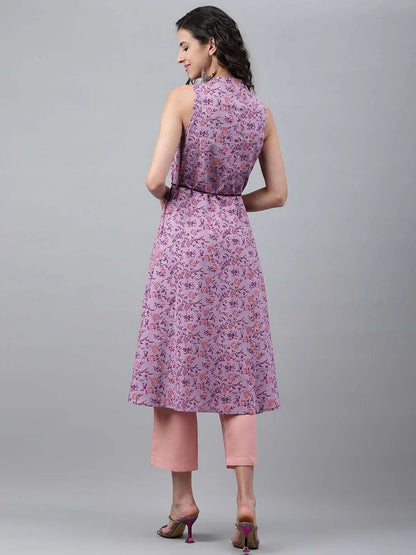 Lavender pure cotton floral print flared Dress - SuratHausBerlin 
