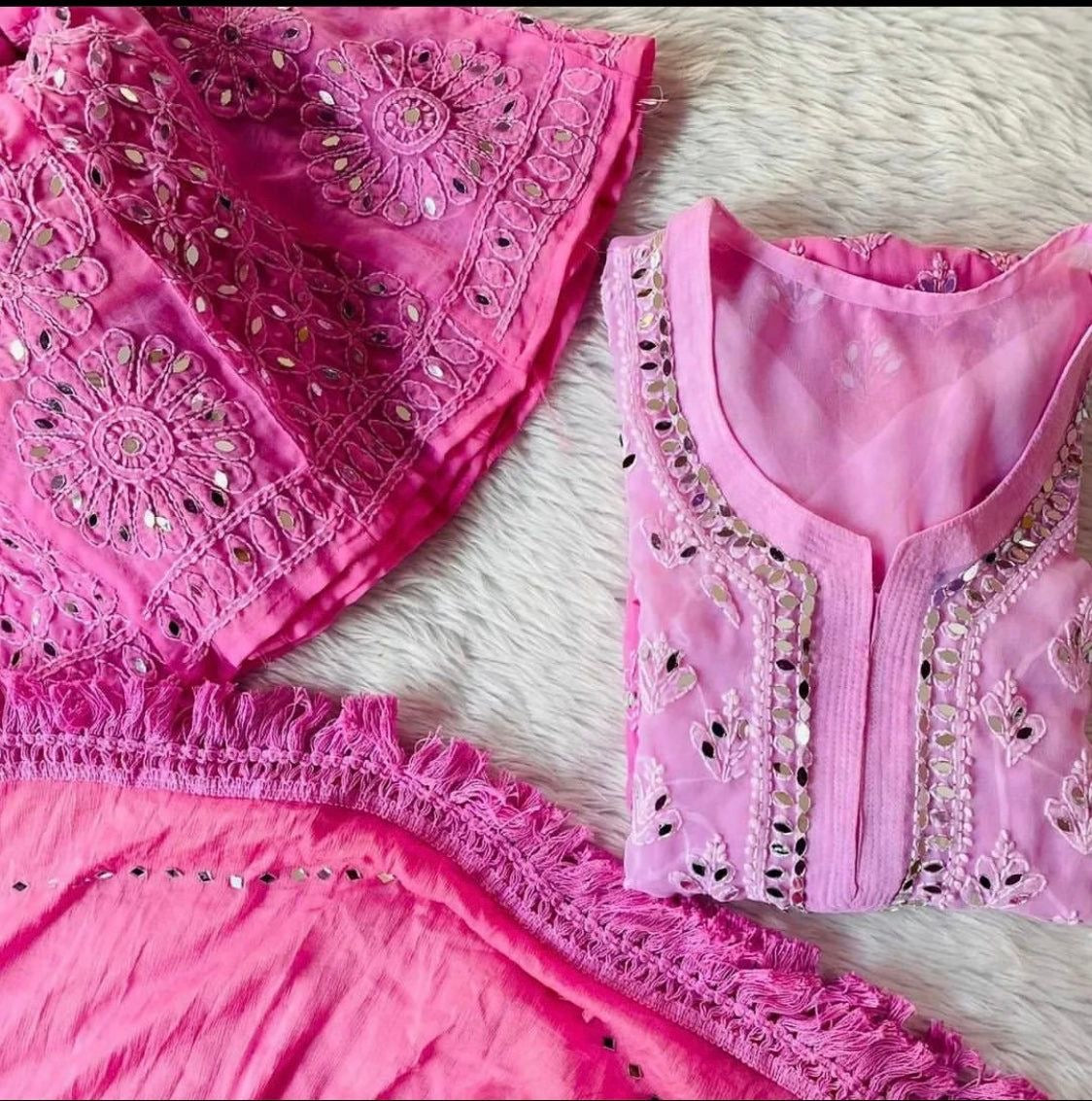 Chikankari mirror with chiffon dupatta