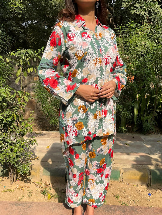 Floral Mul Mul Co-Ord Set -Lucknowi handwork