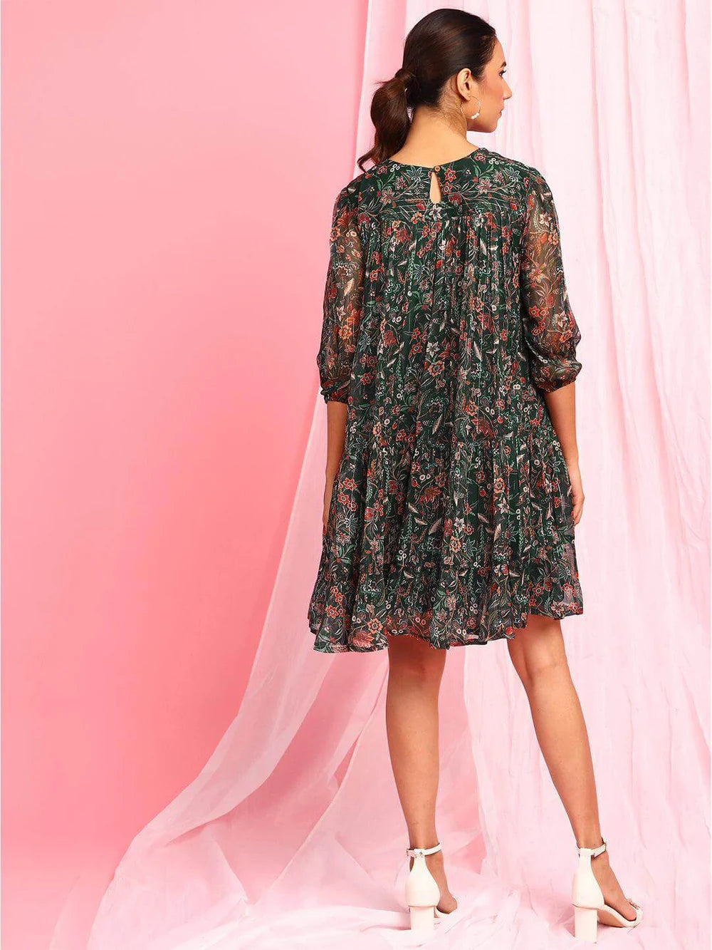 Green Georgette Floral Flared Western Dress - SuratHausBerlin 
