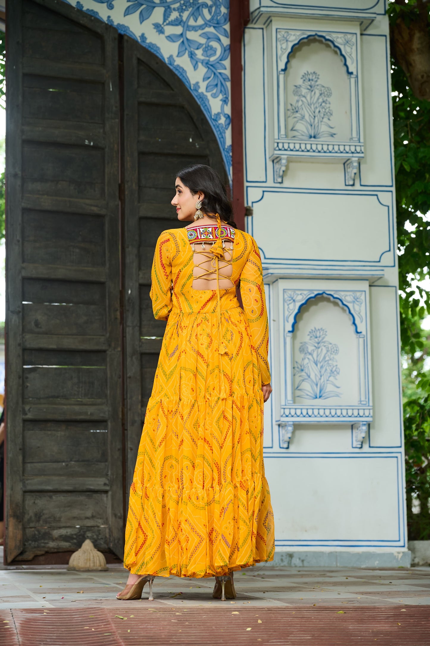 Navratri Bandhani Print Gown with Kutchi Patchwork - SuratHausBerlin 