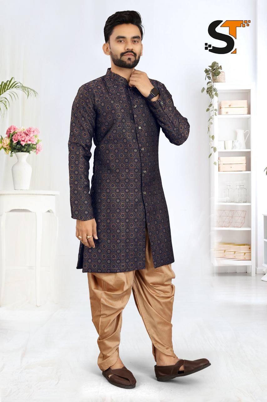 New Designer Mens IndoWestern heavy jacquard Paithani Style Velvet Dhoti